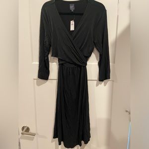 Black Dress Women Maternity Gap large Holiday Wrap Stretch Tie 3/4 Sleeve NWT